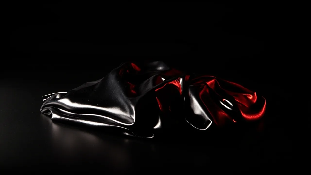 Glossy black and red latex fabric draped in soft folds under a spotlight