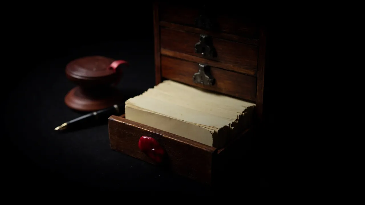 Ein antiker Karteikasten aus Holz mit einer offenen Schublade, in der cremefarbene Karteikarten liegen, daneben ein rotes Wachssiegel und ein schwarzer Füllfederhalter