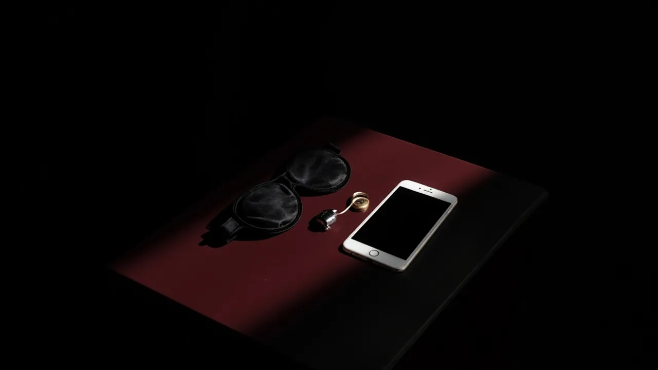 A black satin blindfold and a smartphone with a blank screen on a dark red surface