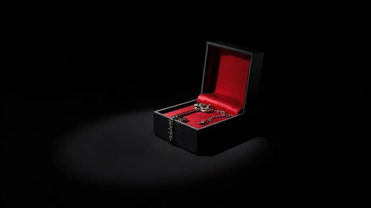 A polished steel key on a fine chain inside an open black box lined with red silk