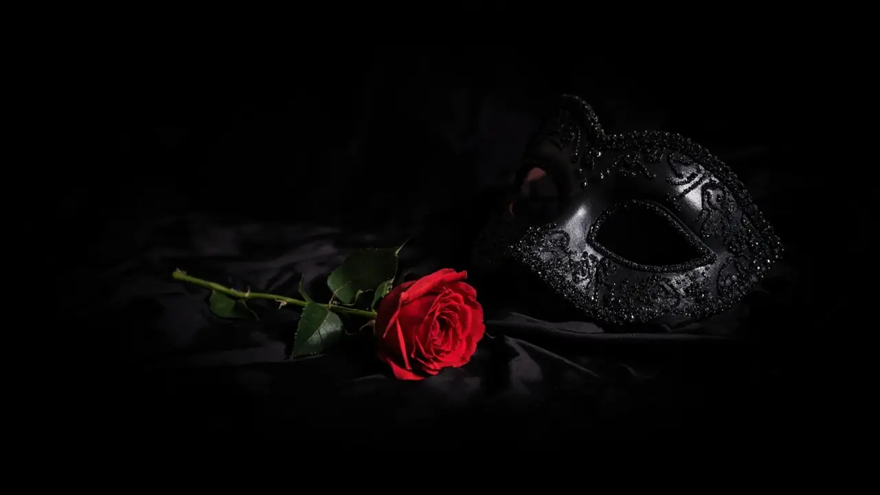 A black lace masquerade mask and a red rose lying on black satin