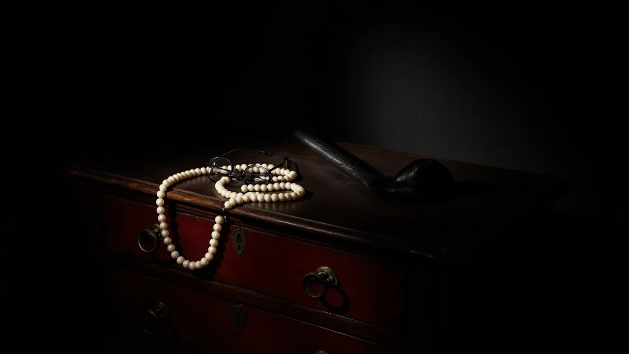 A string of pearls and a pair of reading glasses on an old wooden chest of drawers in low light