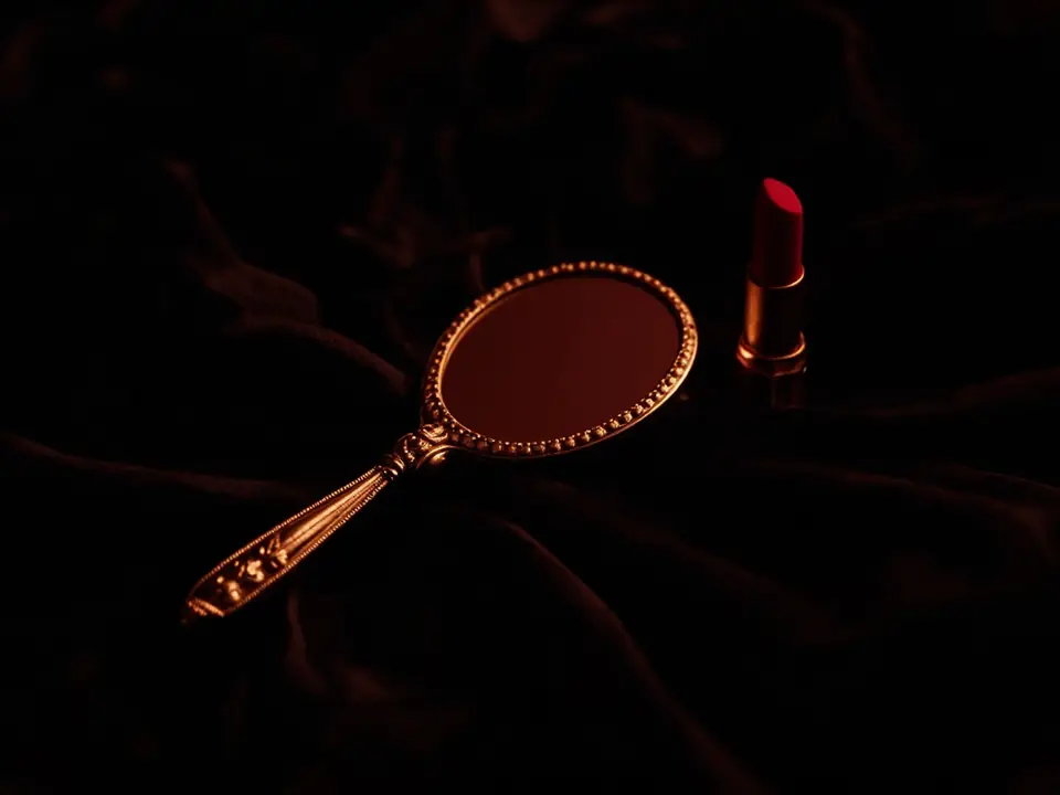 An antique gold hand mirror lying on black silk beside a red lipstick