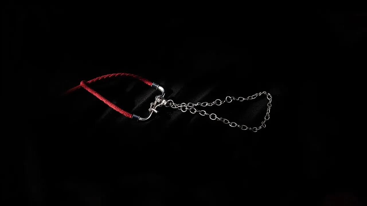 A pair of small clamps joined by a fine silver chain and a red cord lying on black satin