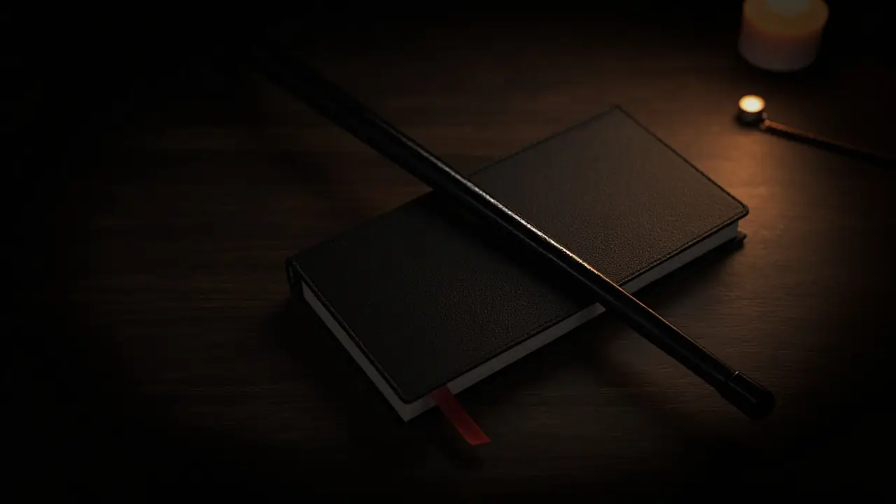 A riding crop across a black leather notebook with a red ribbon, by candlelight
