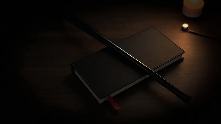 A riding crop across a black leather notebook
