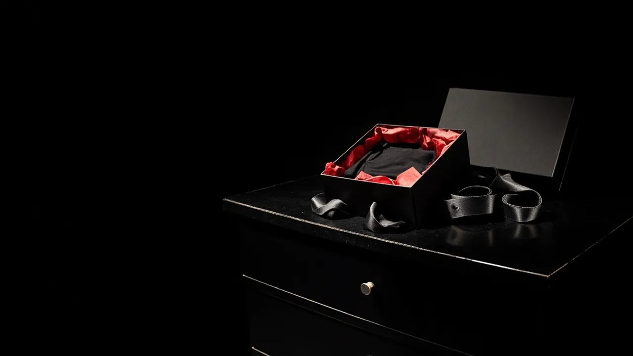 An open black gift box lined with crimson tissue holding folded black stockings beside a satin garter belt