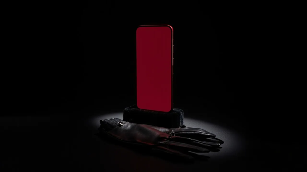 A smartphone on a black velvet stand with its screen glowing crimson, black leather gloves beside it