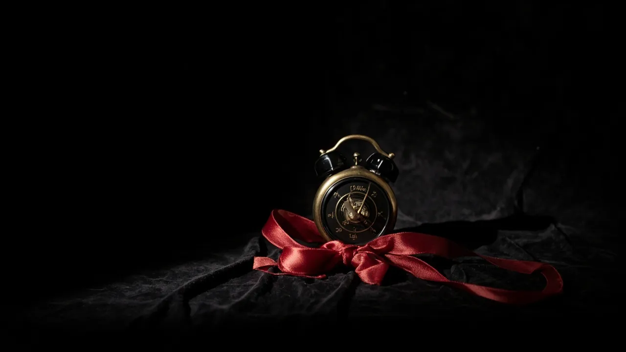 A vintage brass alarm clock tied with a red silk ribbon on black velvet
