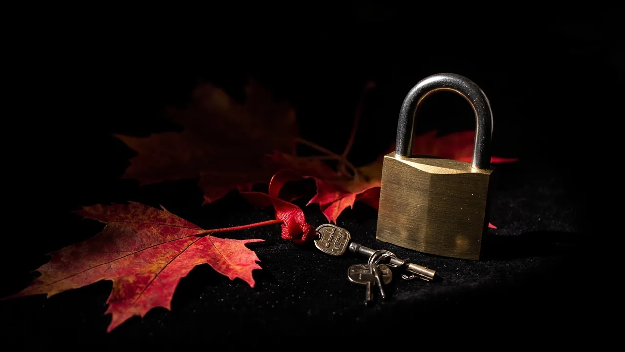 A brass padlock and its keys on a red ribbon, among fallen red maple leaves on black velvet