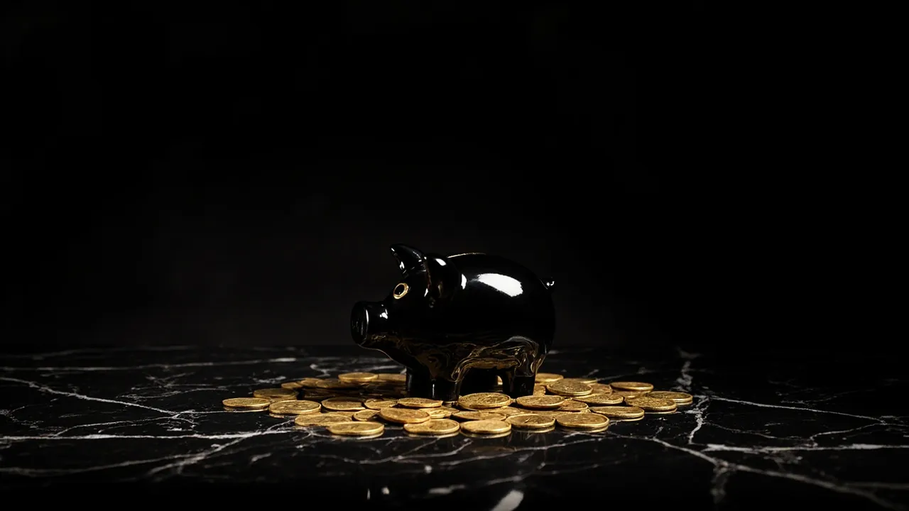 A glossy black porcelain piggy bank surrounded by scattered gold coins on black marble