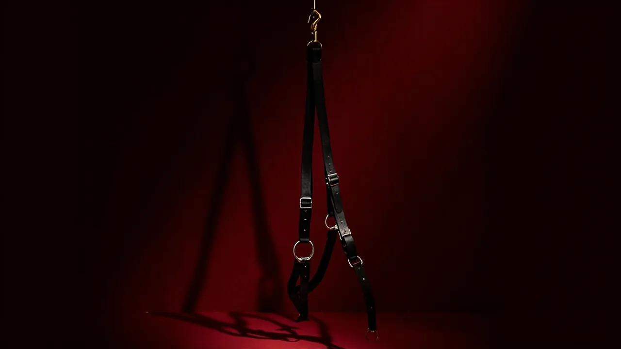 A black leather harness with chrome rings hanging from a brass hook against a dark red wall