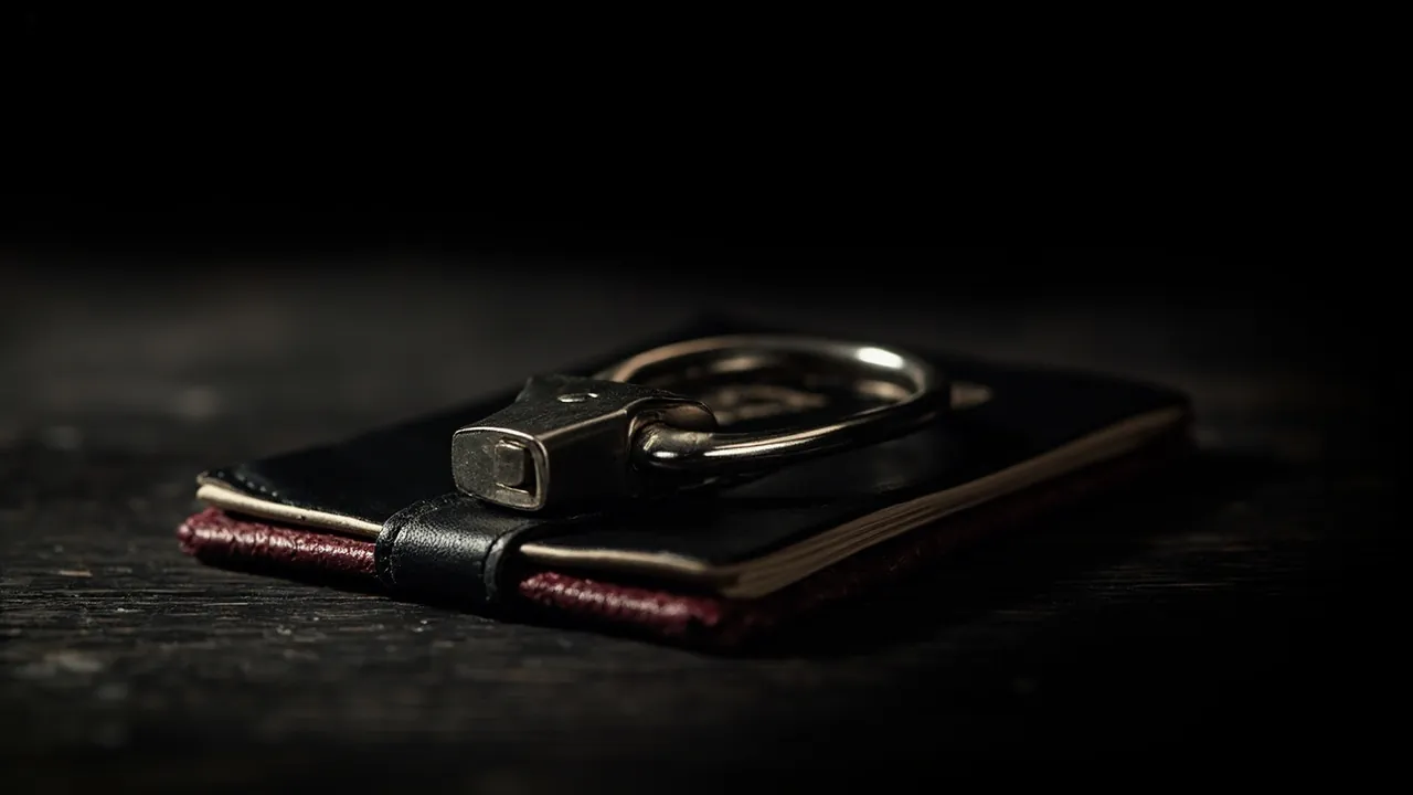 A small closed steel padlock resting on a black leather passport wallet on a dark wooden table
