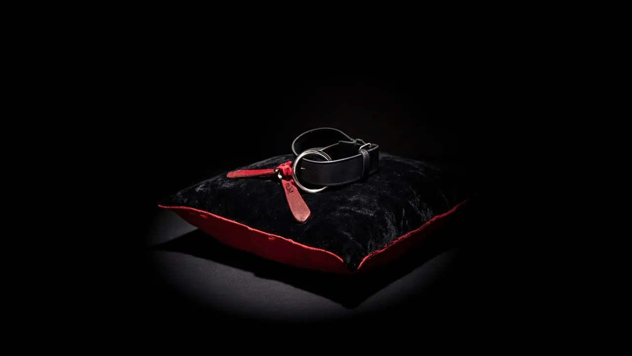 A black leather collar with a silver ring and a red leather lead coiled on a black velvet cushion