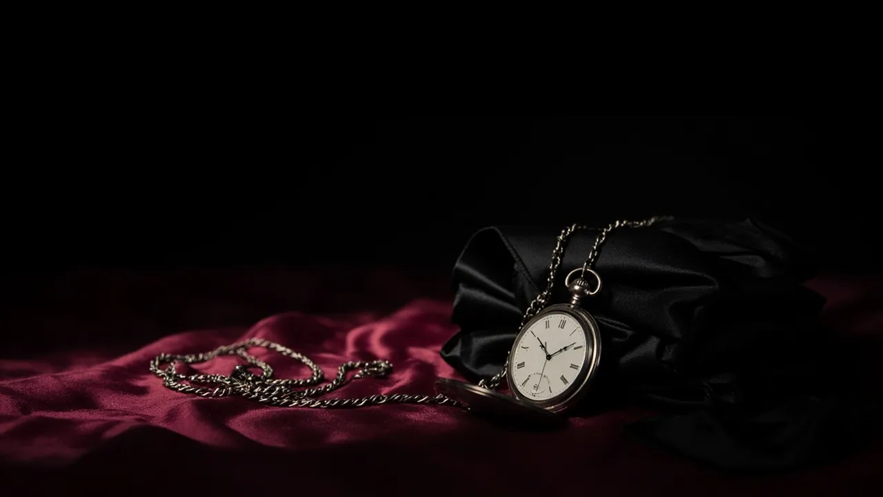 An antique silver pocket watch and its chain on crimson silk beside a fold of black satin