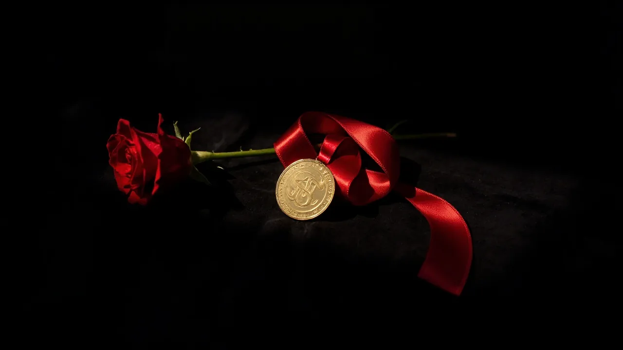 A gold medal on a red silk ribbon lying on black velvet beside a single red rose