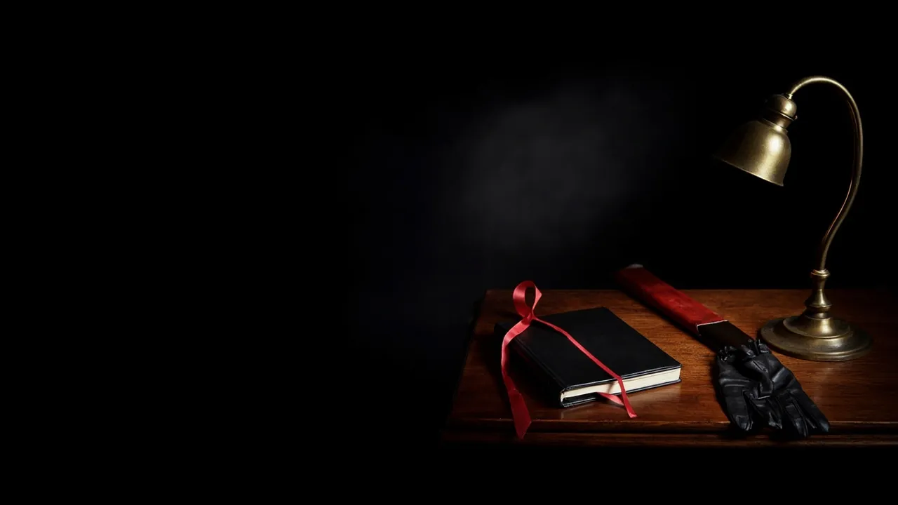 A black leather diary tied with red ribbon, black leather gloves and a riding crop on a mahogany desk under a brass lamp