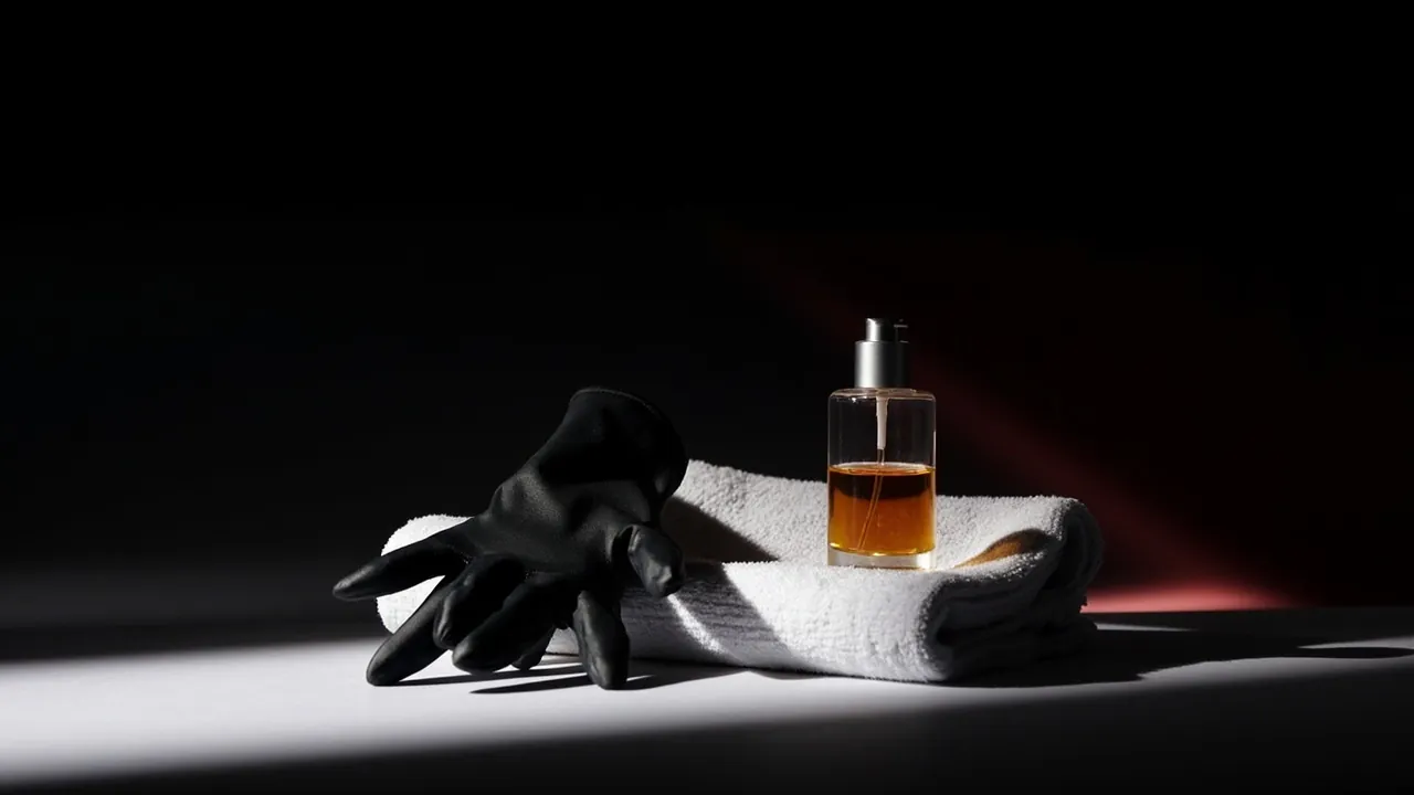 A pair of black gloves on a folded white towel beside an amber glass bottle on a dark surface