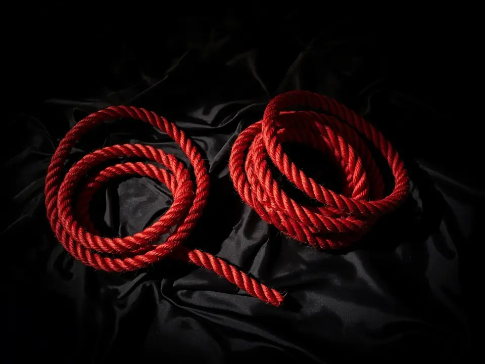 Neat coils of red rope on black satin