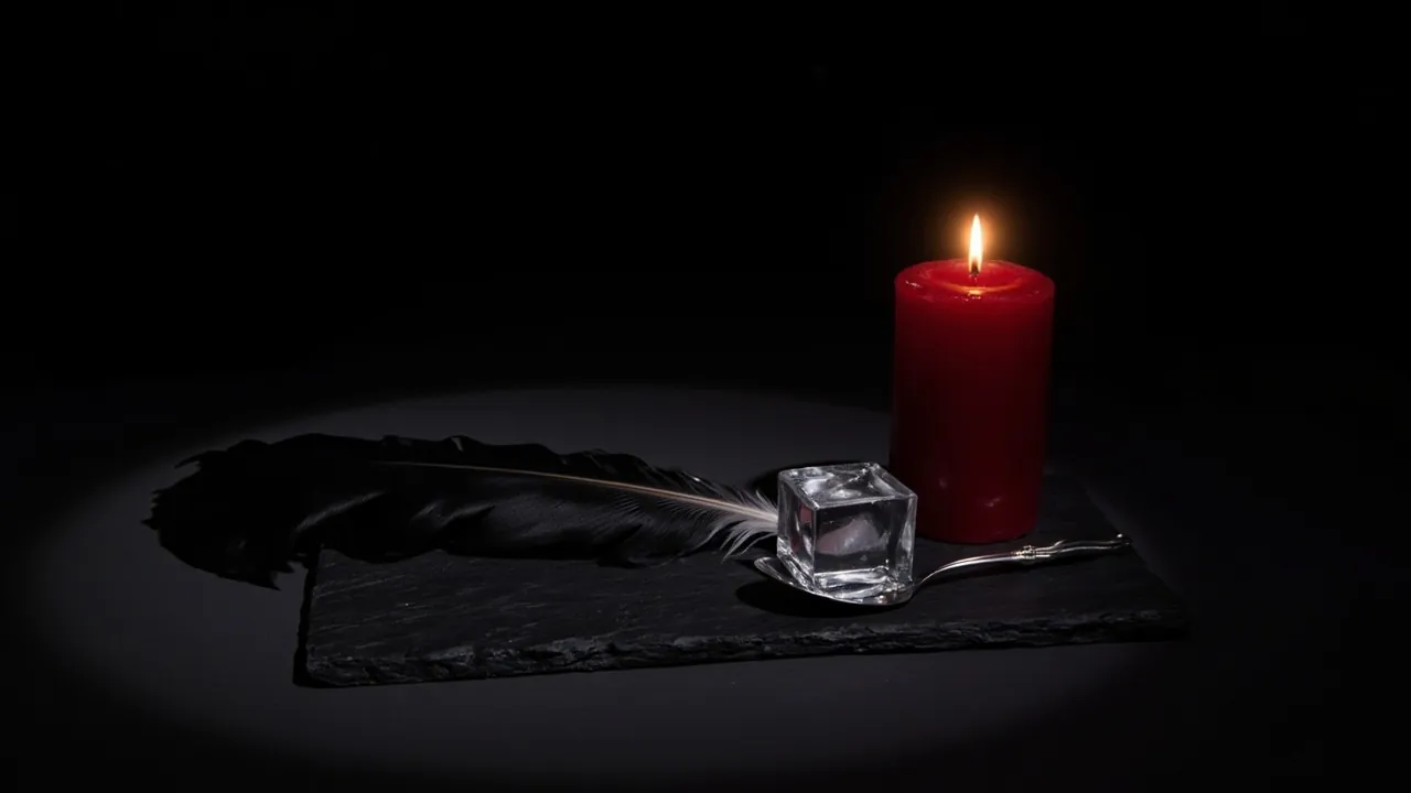 A black feather, an ice cube on a silver spoon and a lit red candle on a slate board