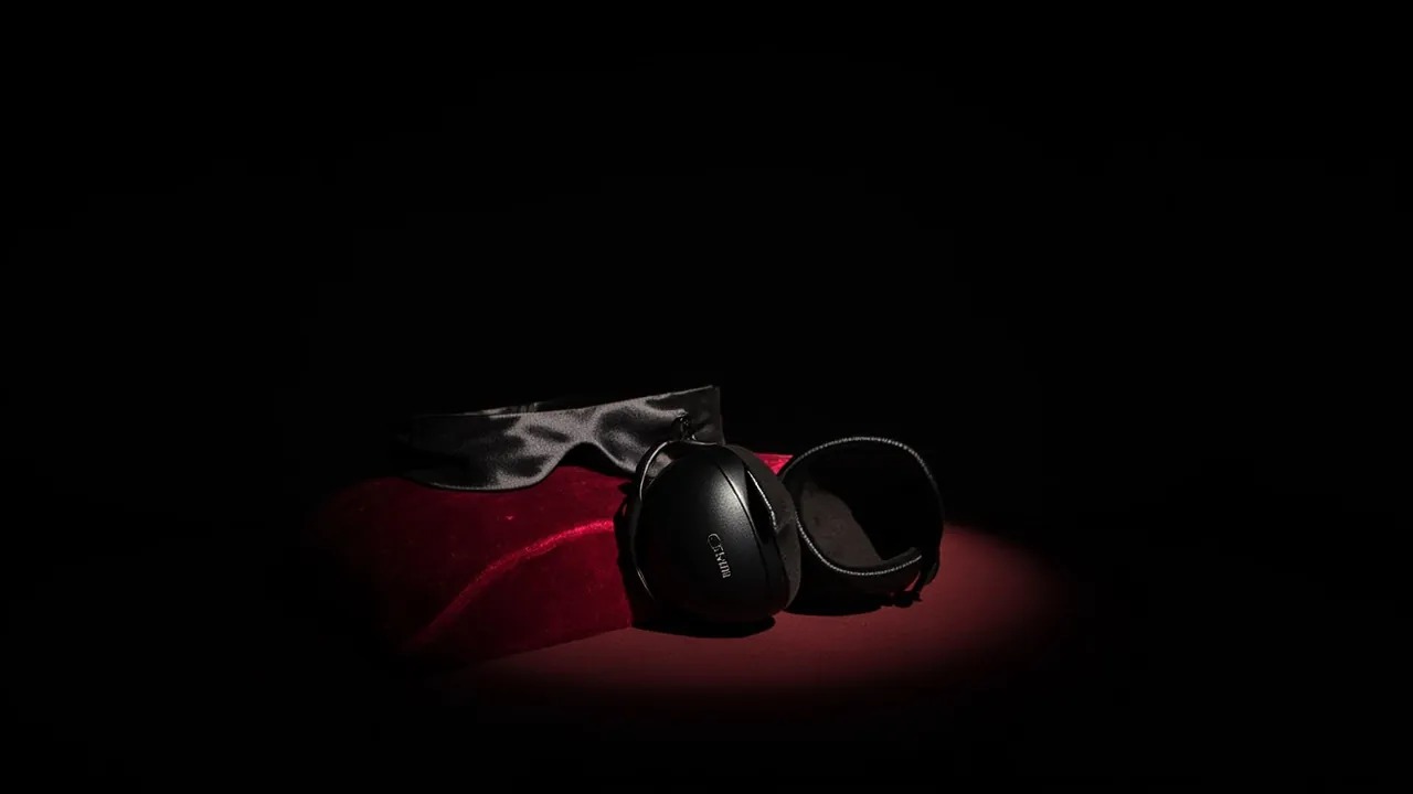 A black satin blindfold and a pair of padded black earmuffs on red velvet in a pool of light