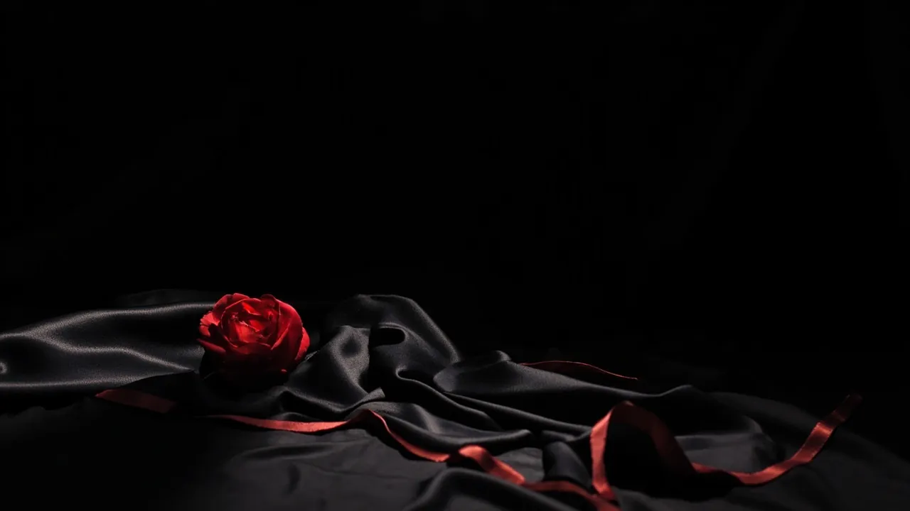 A red rose and a red ribbon resting on folds of black silk
