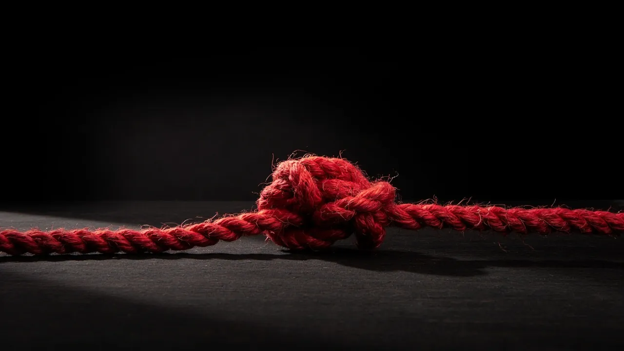A knot of red jute rope lying on dark wood