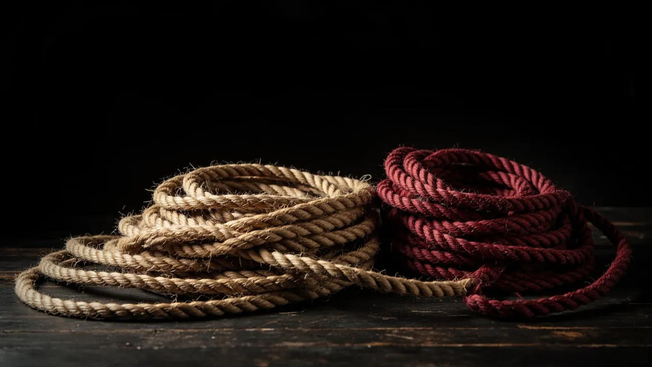 Neat coils of natural golden jute rope on a dark wooden floor beside a coil of deep red rope