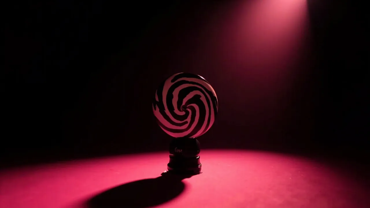 A black and white spiral sphere on a crystal stand in a pink spotlight