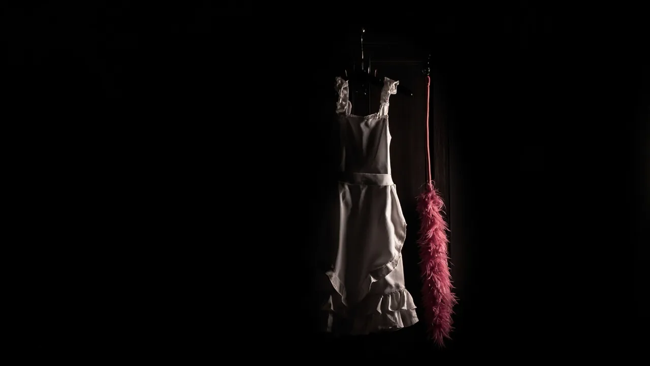 A white frilled maid's dress hanging in a dark room beside a pink feather duster