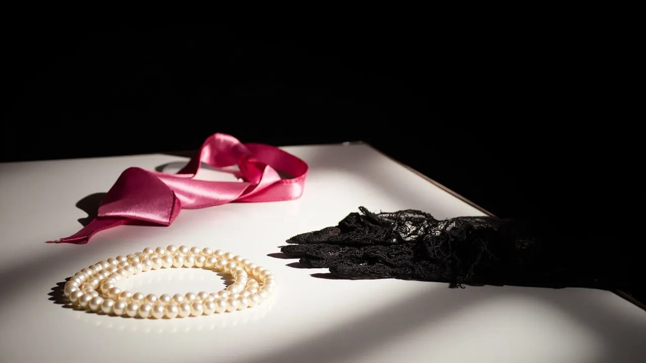 A pink satin ribbon, a pearl necklace and black lace gloves on a white vanity table