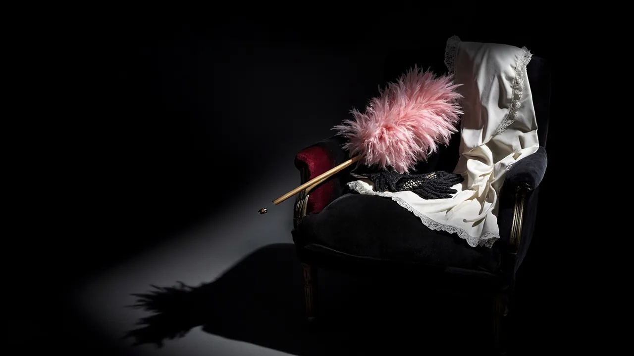 A pink feather duster, a frilly white apron and black lace gloves laid on a black velvet chair