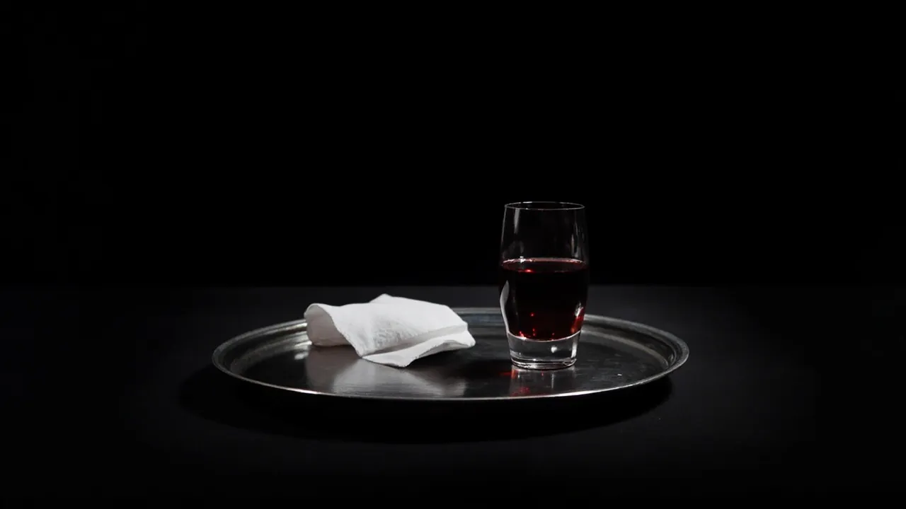 A silver tray holding a glass of red wine and a folded white napkin on a dark table
