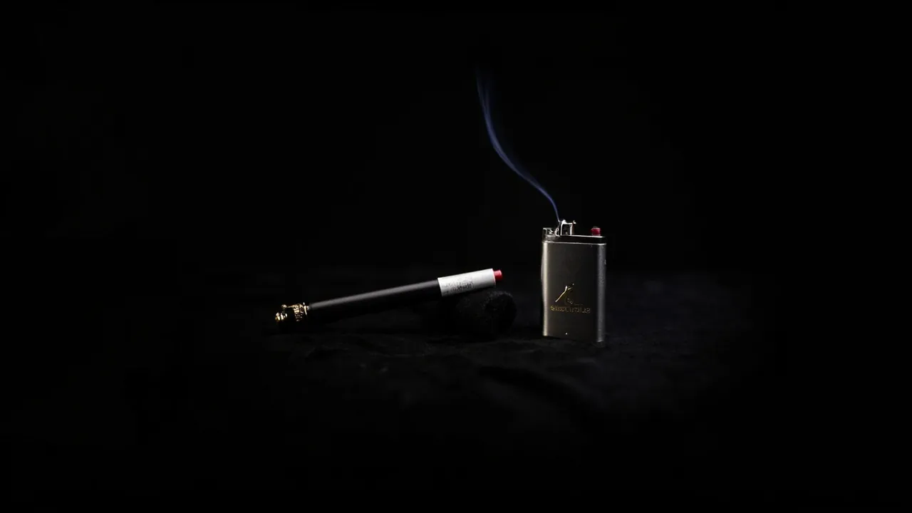 A long black cigarette holder and a lighter on dark fabric with a thin line of smoke