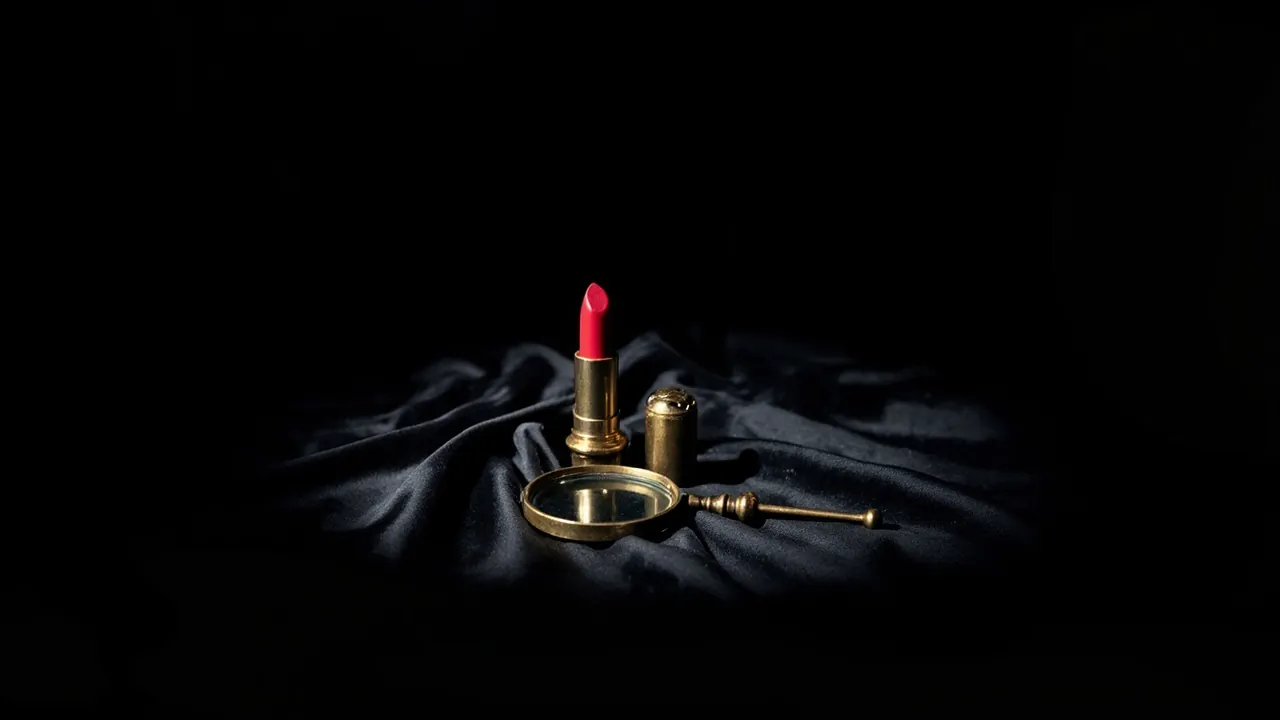 A vintage brass magnifying glass on black silk beside an open red lipstick