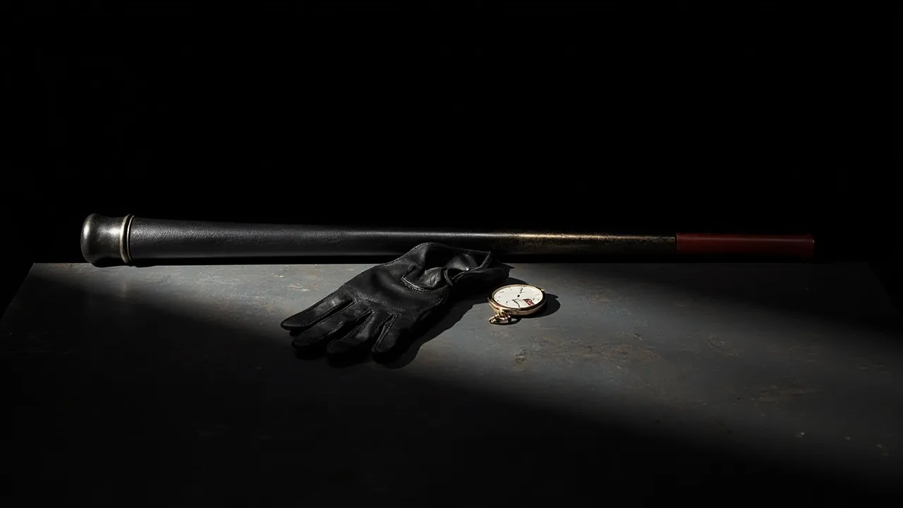 A black cane, black leather gloves and a pocket watch on a steel table under a hard spotlight