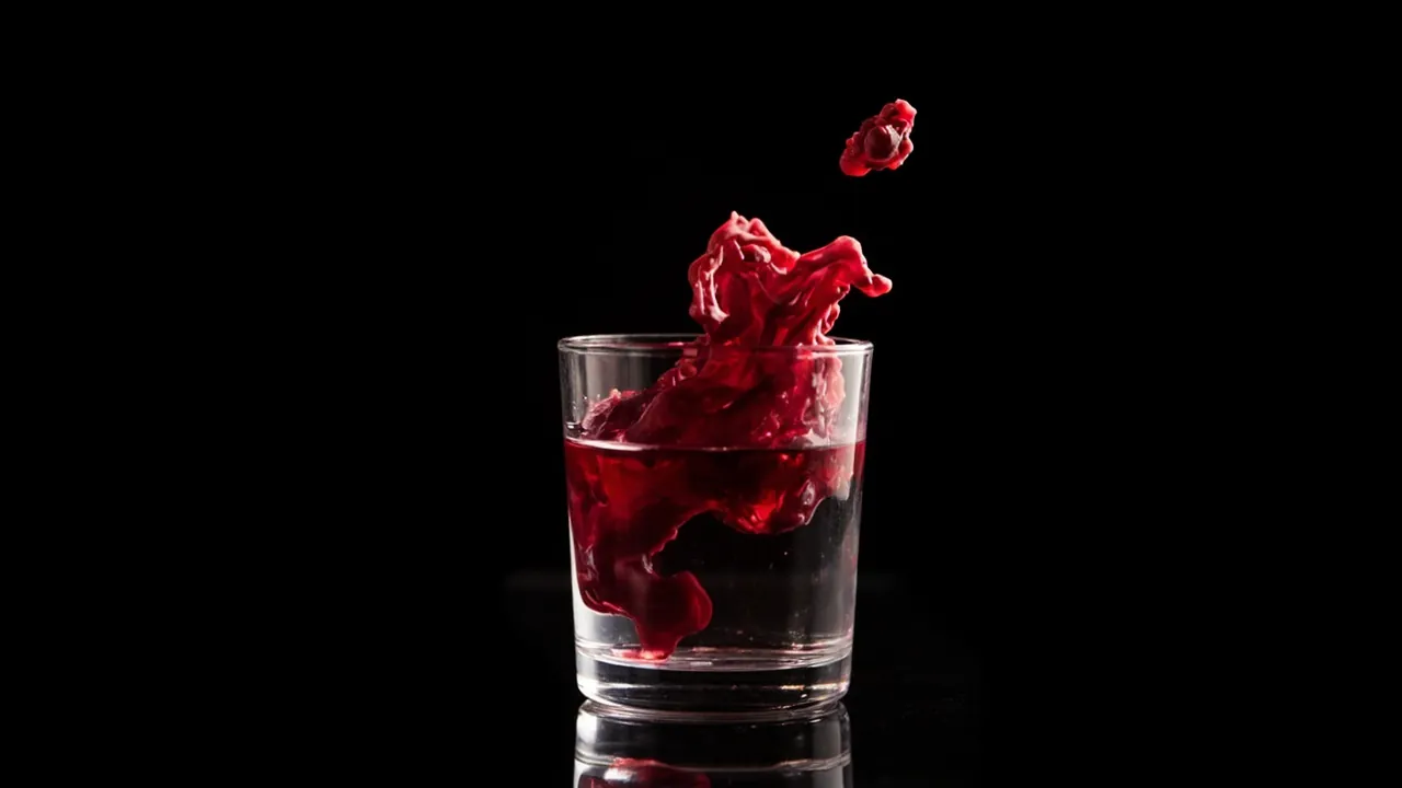 Ein Tropfen tiefroter Tinte, der sich in langsamen Schwaden in klarem Wasser in einem Glas vor schwarzem Hintergrund verteilt