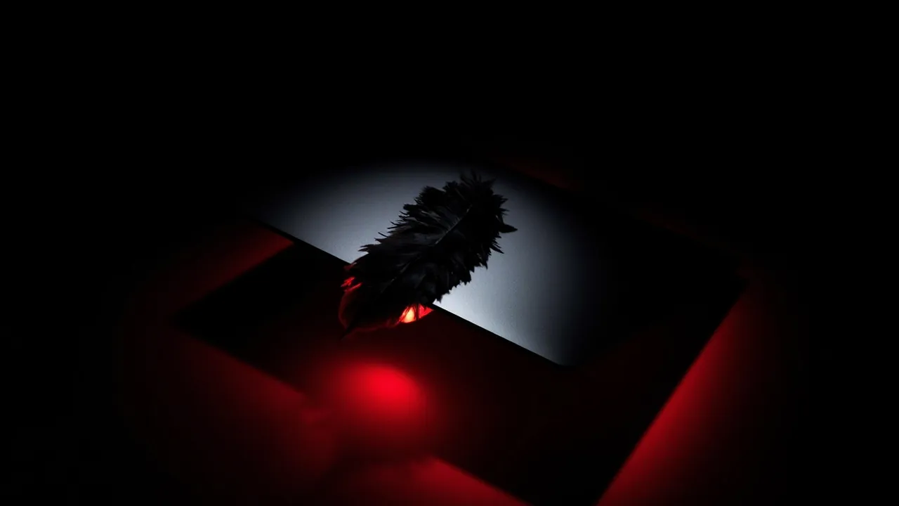 A black feather resting across a closed laptop glowing red in a dark room