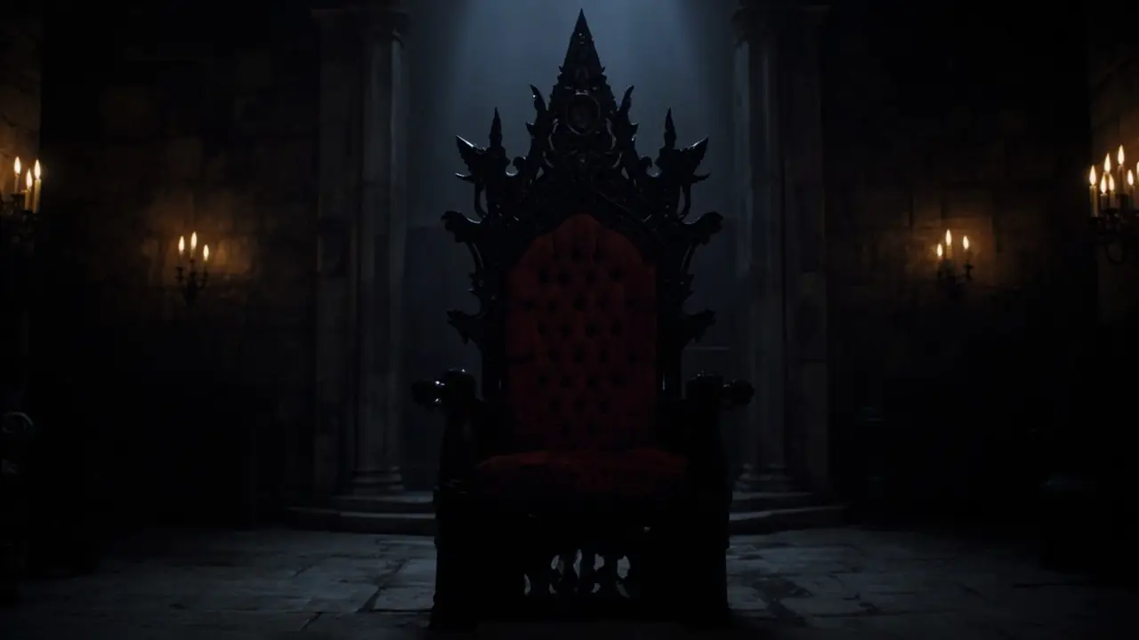 An ornate black gothic throne with crimson velvet in a candlelit stone room