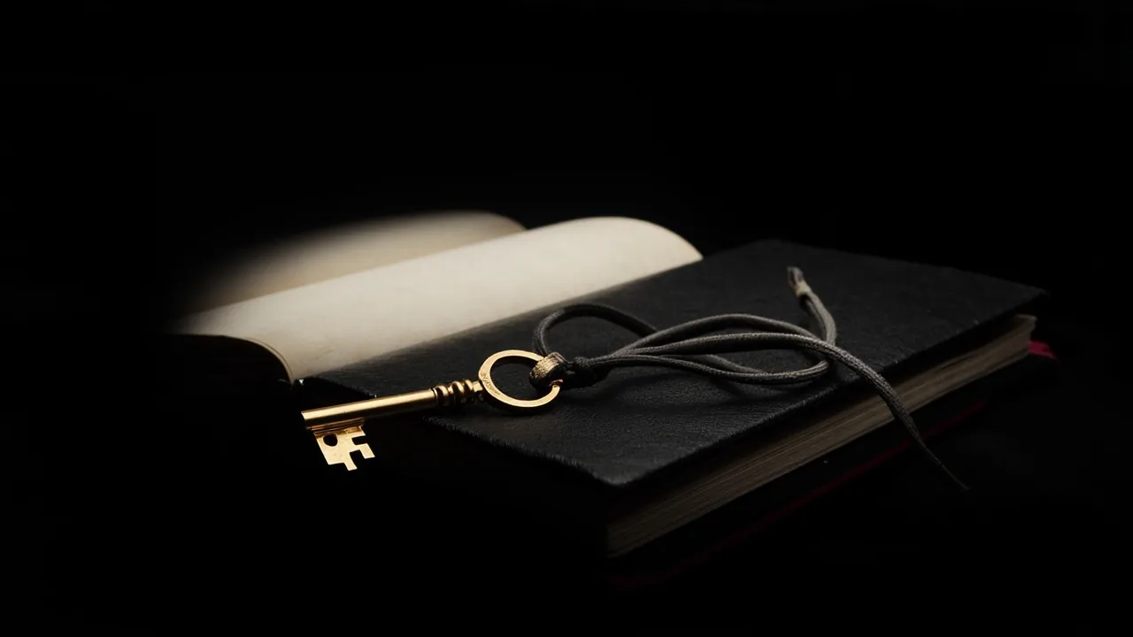An antique brass key on a cord lying across an open black notebook under a soft spotlight