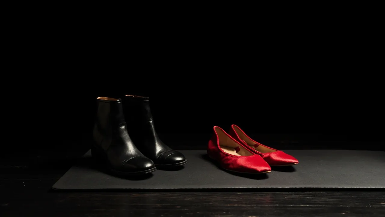 Black leather ankle boots and red satin flats side by side on a black mat on a dark wooden floor