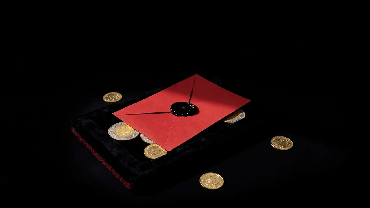 A red envelope sealed with black wax on a black velvet box with gold coins scattered around it