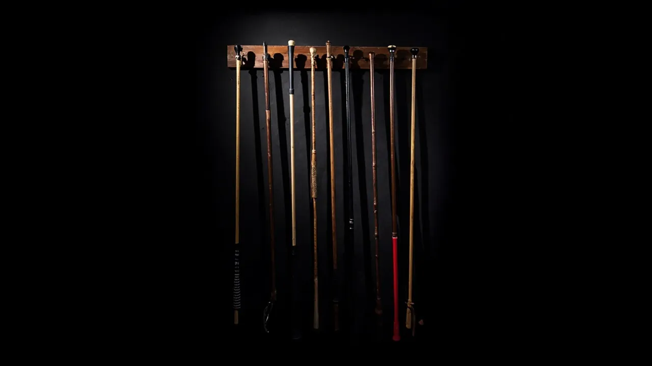 A row of riding crops and canes hanging from a wooden rack under a spotlight