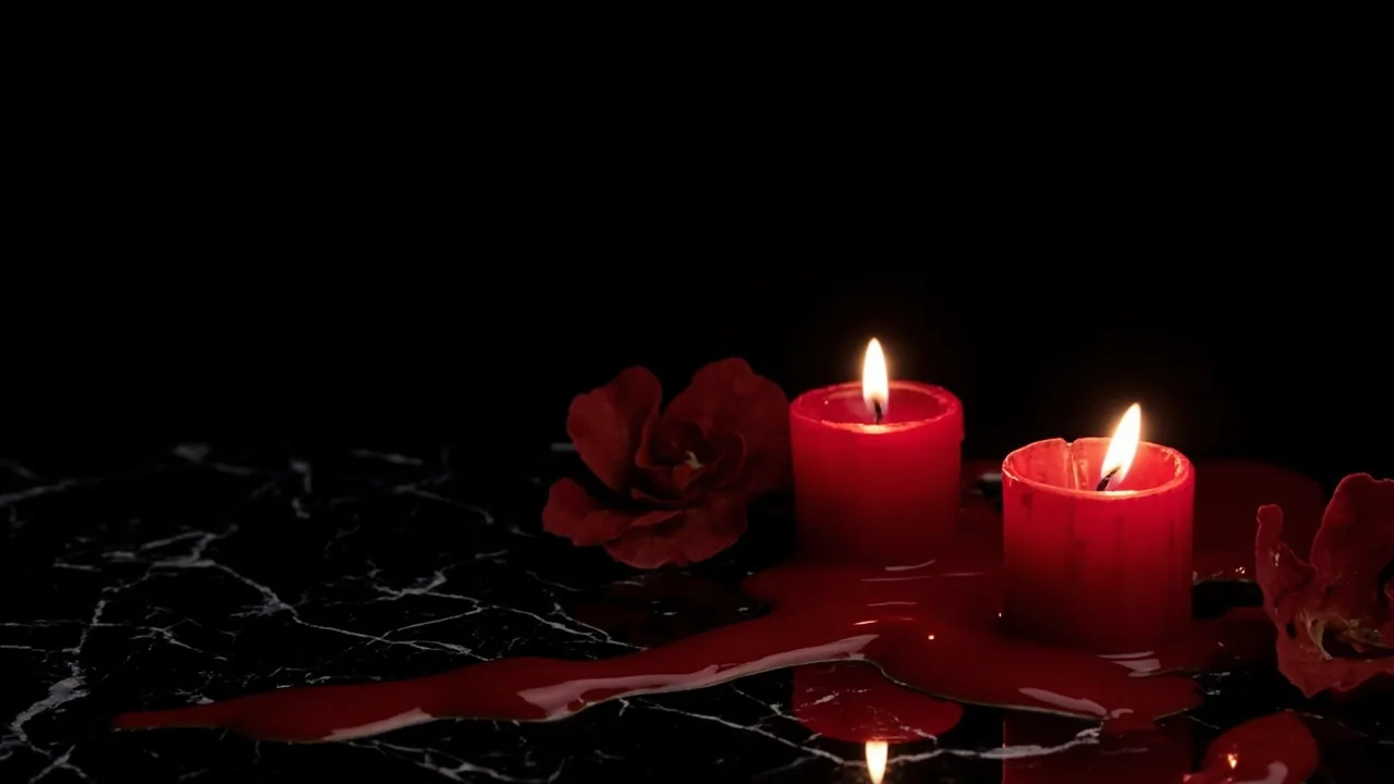 Red candles dripping glossy wax onto black marble beside scattered rose petals
