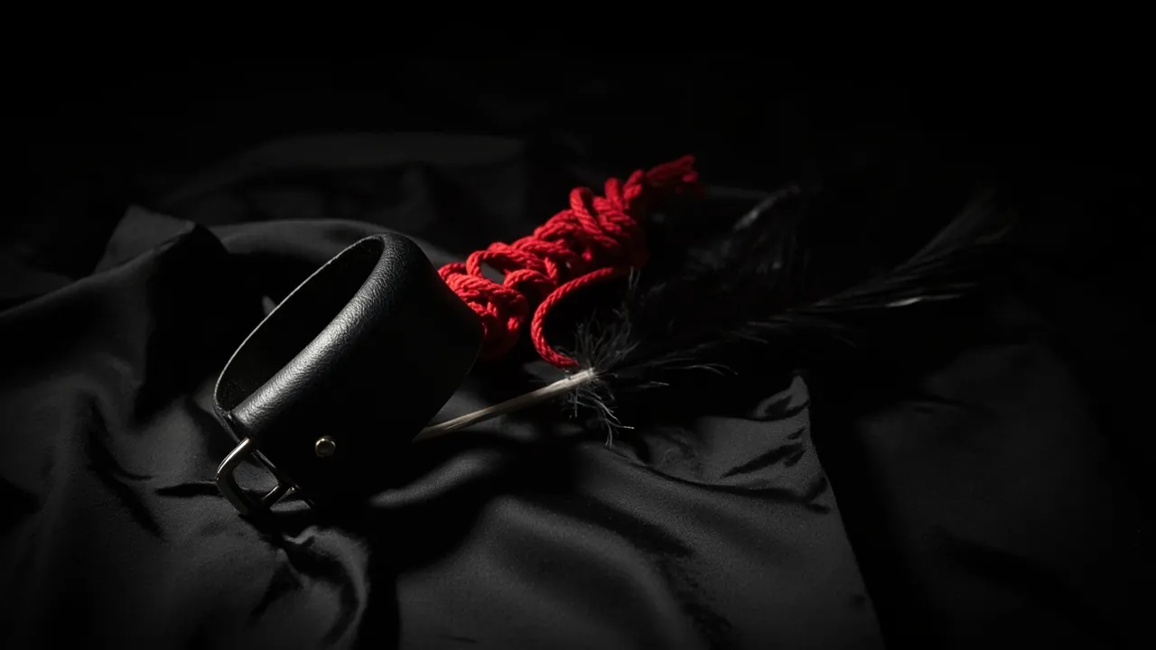 A black leather cuff, a coil of red rope and a black feather on black satin