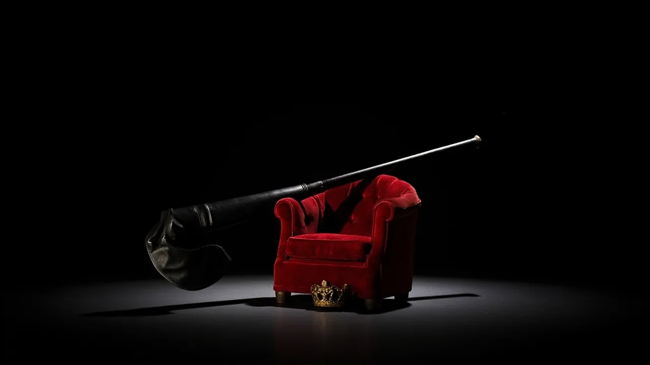 A black riding crop across a red velvet armchair beside a small gold crown