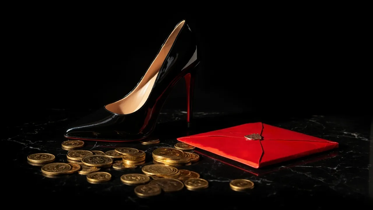A black patent stiletto standing among gold coins on black marble beside a sealed red envelope