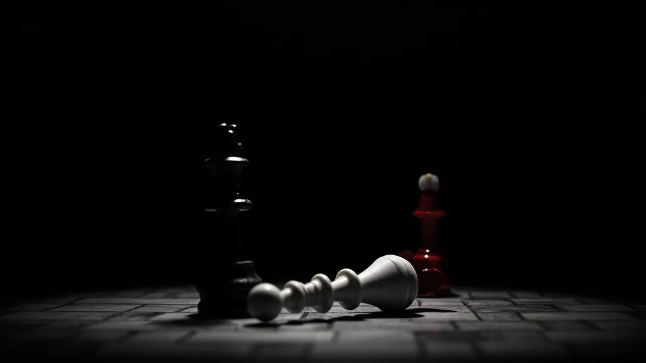 A black chess queen standing over a fallen white king on a dark board